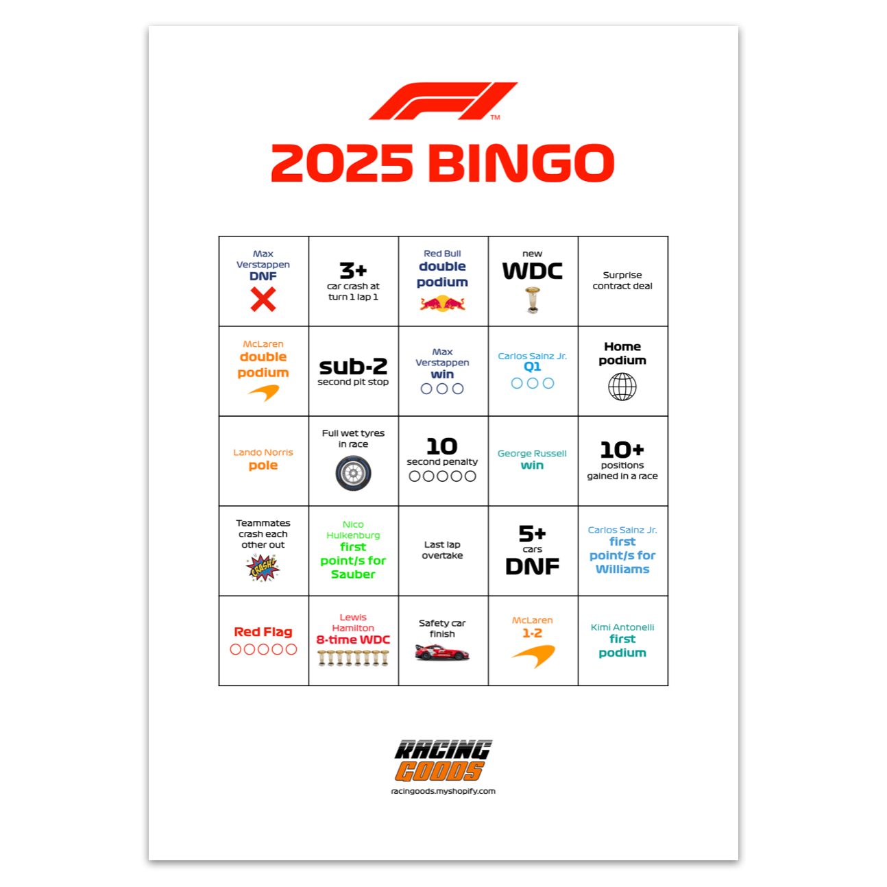 2025 F1 Bingo - FREE Digital Download