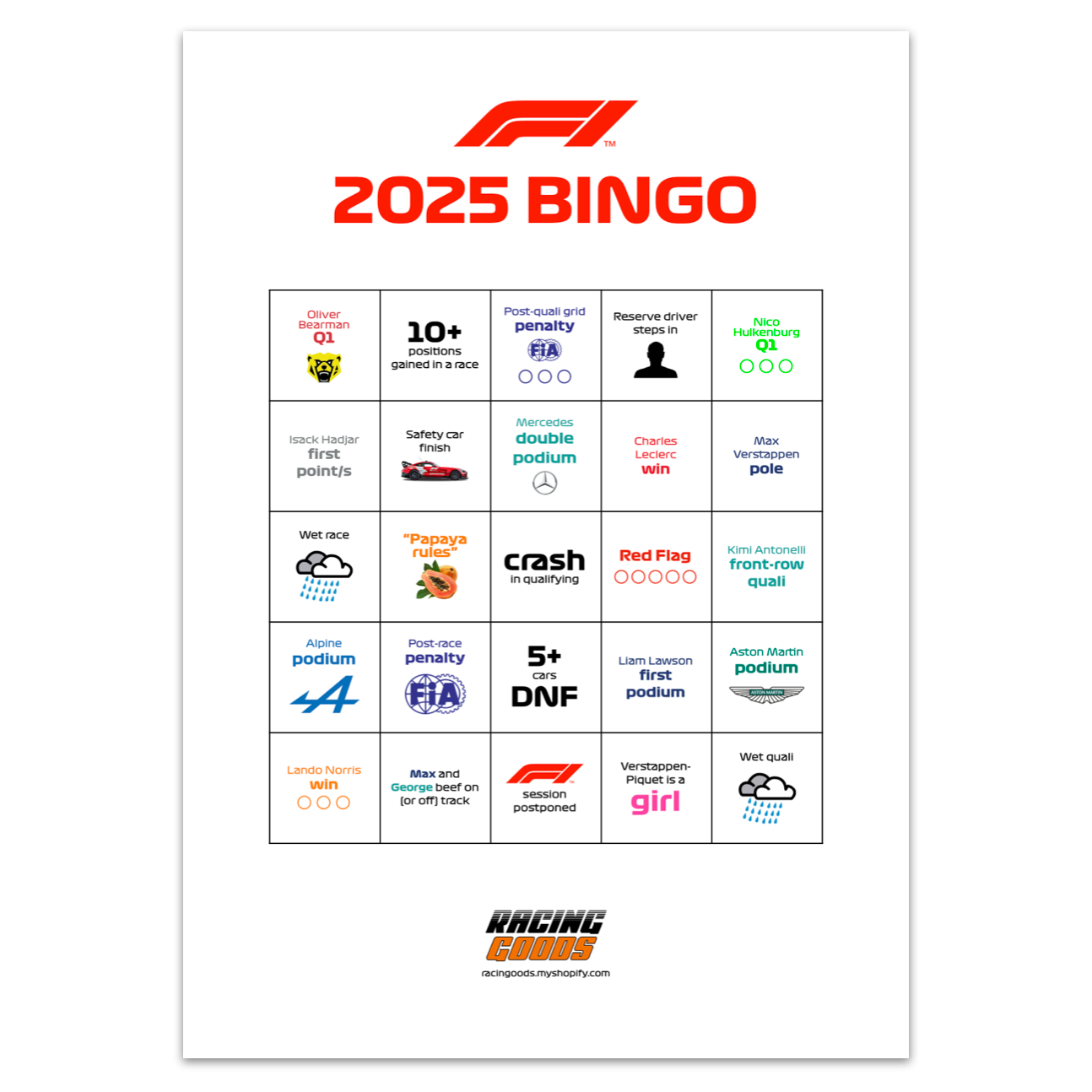 2025 F1 Bingo - FREE Digital Download
