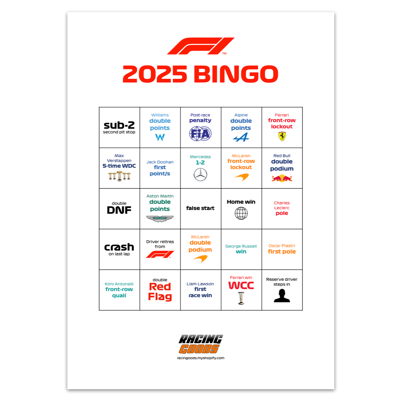 2025 F1 Bingo - FREE Digital Download