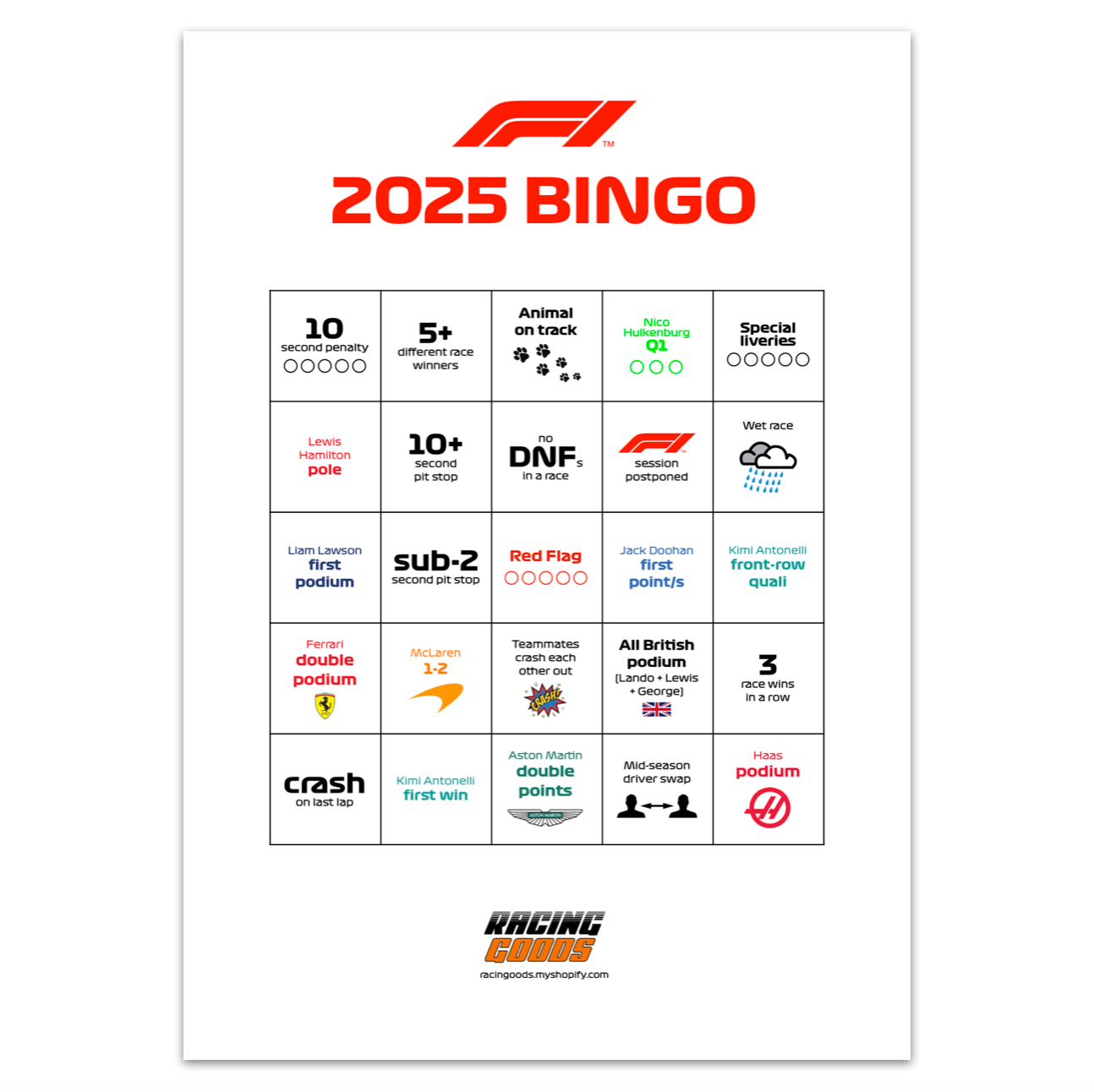 2025 F1 Bingo - FREE Digital Download