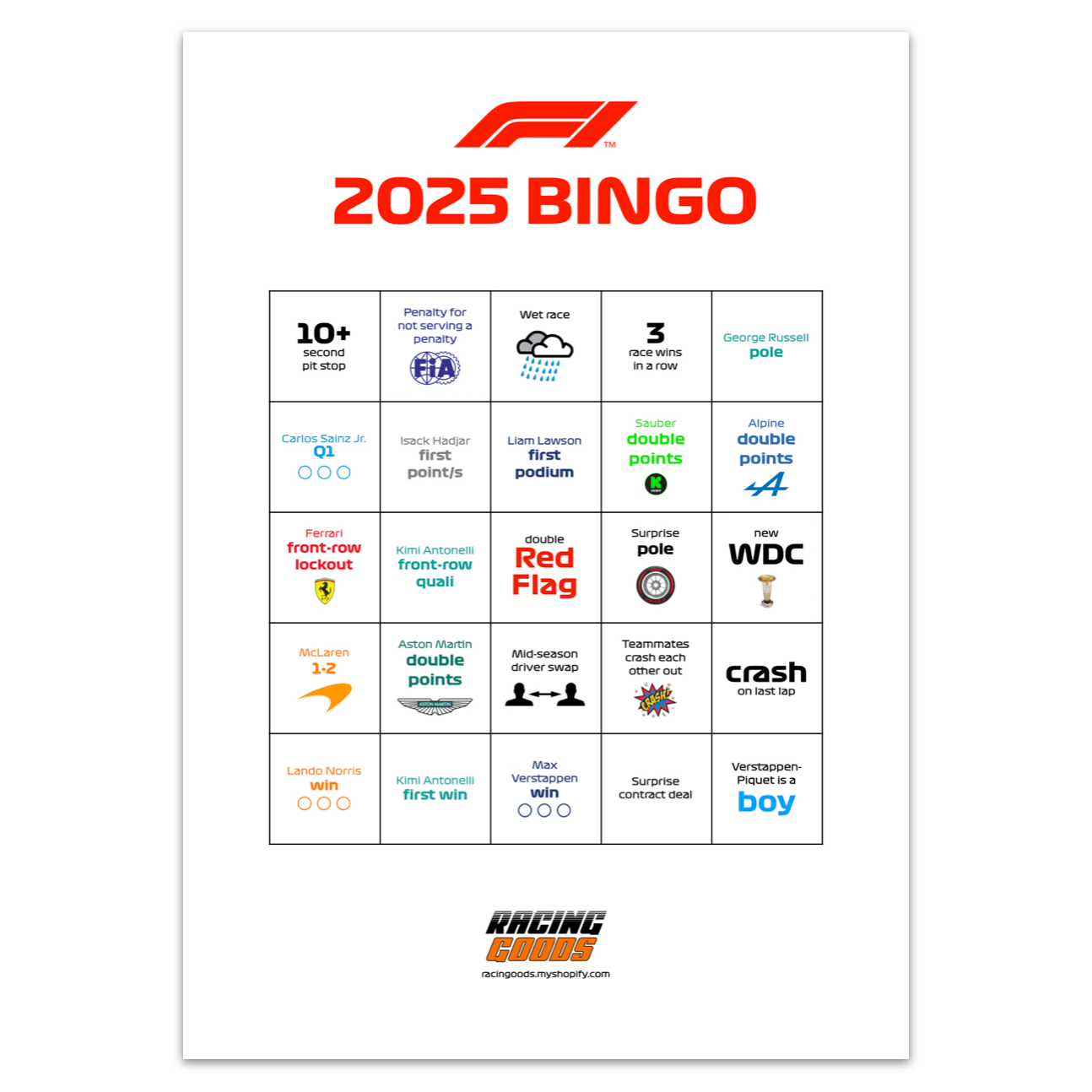 2025 F1 Bingo - FREE Digital Download