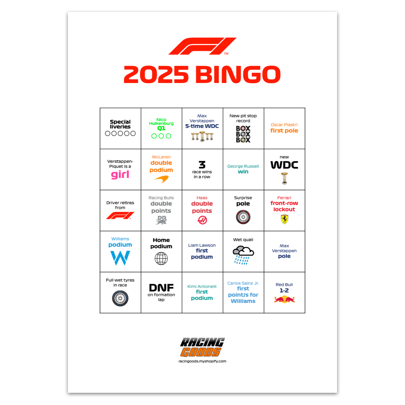 2025 F1 Bingo - FREE Digital Download