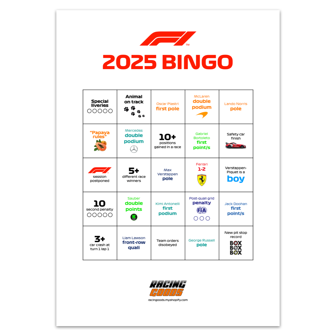 2025 F1 Bingo - FREE Digital Download
